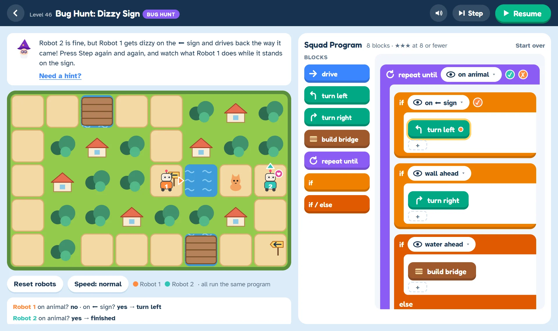 A Bug Hunt level: Professor Glitch's program with yes and no badges on each condition, and a step log under the map.