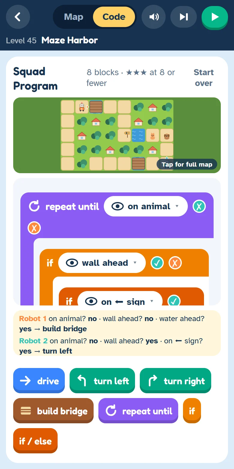 The game on a phone, with a mini map above the block program.